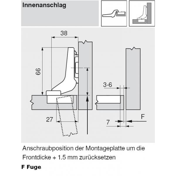 CLIP top Standardscharnier 100°, hochgekröpft, mit Feder, Topf: Schrauben